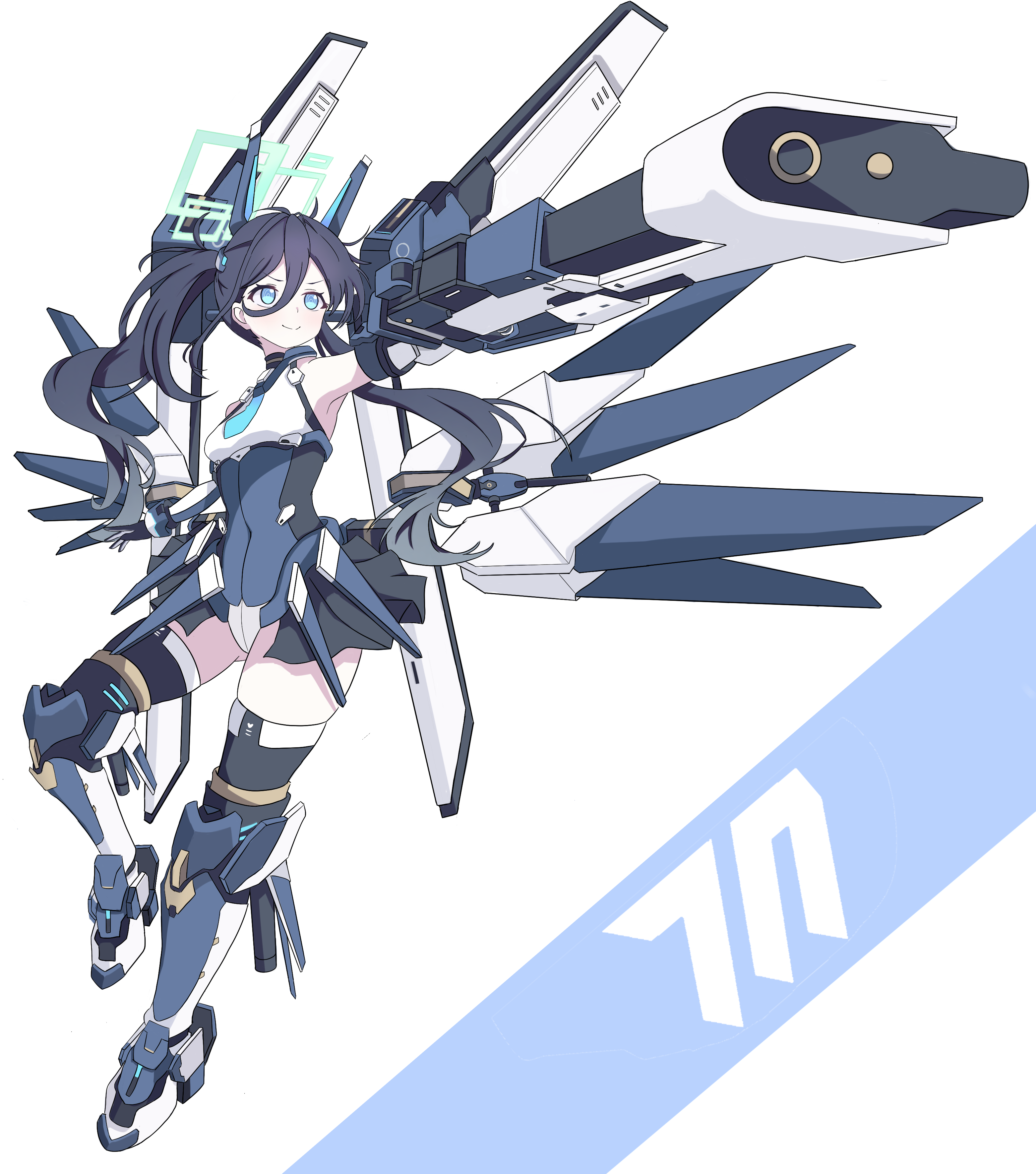 aris (armed) (blue archive), aris (blue archive), blue archive, absurdres, commentary request, highres, 1girl, aqua halo, bare shoulders, black hair, blue eyes, blue necktie, breasts, closed mouth, double-parted bangs, full body, gun, hair between eyes, halo, headgear, holding, holding gun, holding weapon, leotard, long hair, long hair between eyes, looking up, mecha musume, mechanical arms, mechanical legs, mechanical wings, midriff, mili mli, necktie, official alternate costume, official alternate hairstyle, railgun, rectangular halo, ringed eyes, short necktie, showgirl skirt, small breasts, smile, solo, thighhighs, twintails, v-shaped eyebrows, very long hair, weapon, white leotard, wings