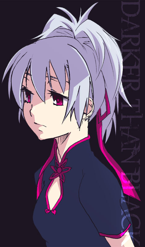 alck, yin (darker than black), darker than black, silver hair, 1girl, chinese clothes, female focus, ponytail, ribbon, solo