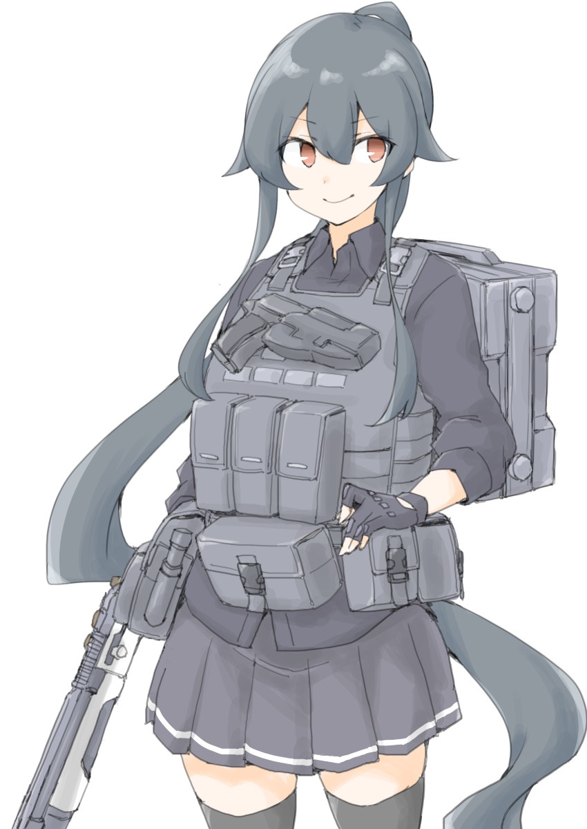 akara kai, yahagi (kancolle), yahagi kai ni (kancolle), kantai collection, highres, 1girl, backpack, bag, belt pouch, black gloves, black hair, black shirt, black skirt, black thighhighs, brown eyes, collared shirt, gloves, gun, long hair, pleated skirt, ponytail, pouch, shirt, simple background, skirt, solo, tactical clothes, thighhighs, very long hair, weapon, white background