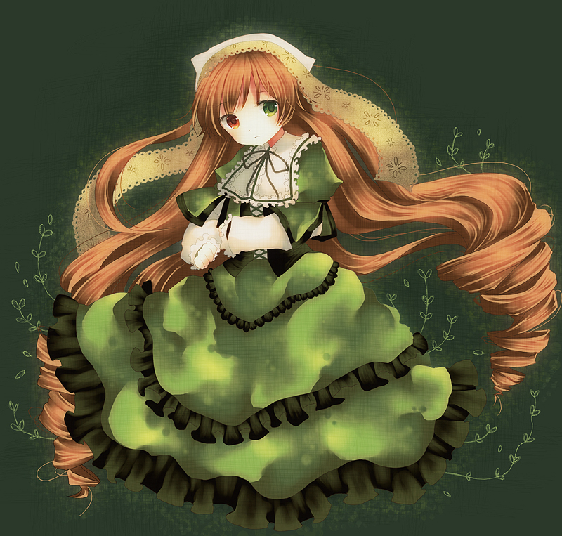 imoi (mizutama), imoi (pixiv55719), suiseiseki, rozen maiden, 00s, 1girl, brown hair, female focus, frills, gothic lolita, green eyes, headdress, headscarf, heterochromia, lolita fashion, long hair, red eyes, ribbon, solo, very long hair, white headscarf