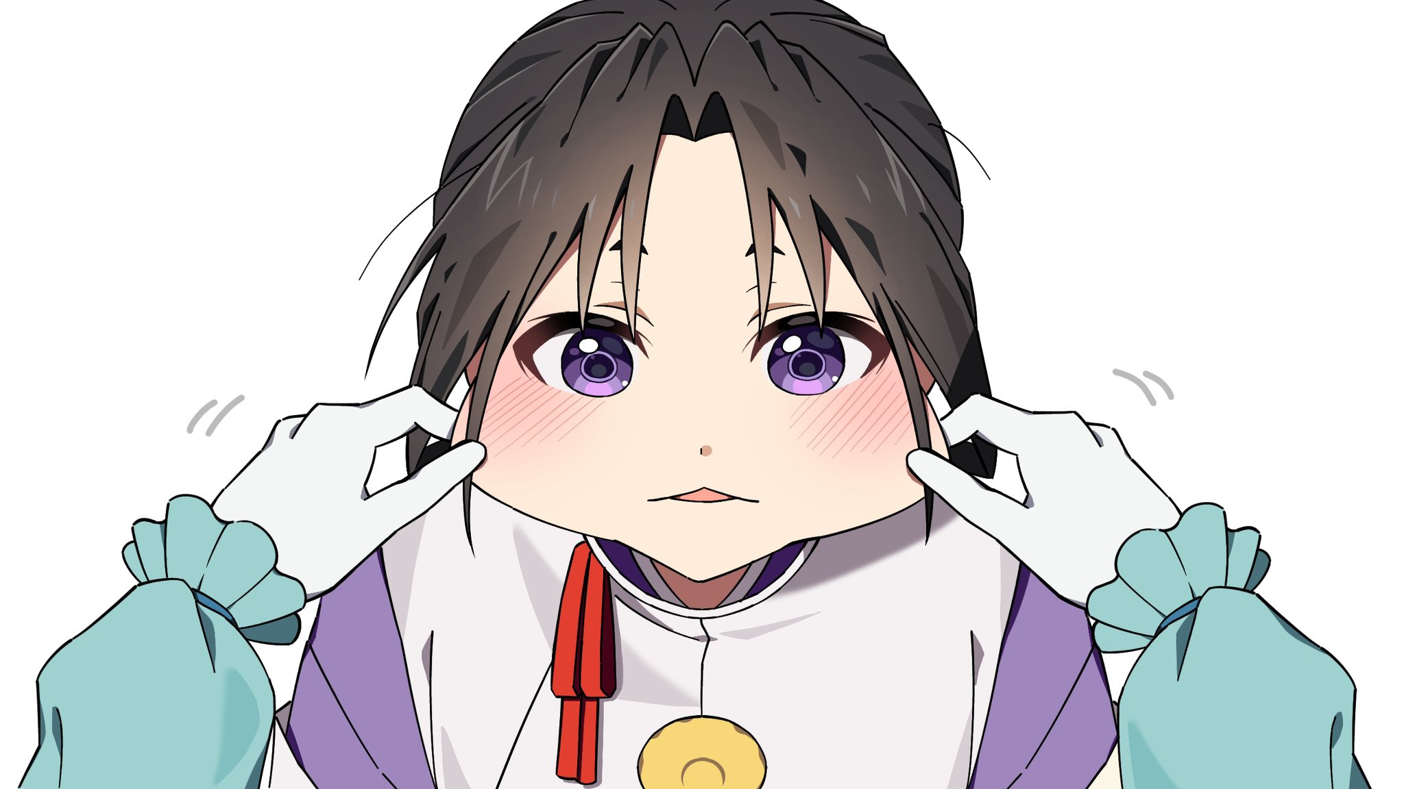 nigewaka whobu, fubuki (nige jouzu no wakagimi), houjou tokiyuki (nige jouzu no wakagimi), nige jouzu no wakagimi, commentary request, highres, korean commentary, 1boy, 2boys, :<, black hair, blue kimono, blush, cheek pull, curtained hair, frilled sleeves, frills, from above, gloves, japanese clothes, kariginu, kimono, long hair, long sleeves, looking at viewer, male focus, motion lines, multiple boys, open mouth, out of frame, parted bangs, ponytail, puffy long sleeves, puffy sleeves, purple eyes, purple kimono, red ribbon, ribbon, sidelocks tied back, simple background, white background, white gloves