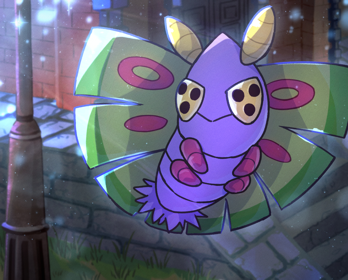 kotobukkii (yt lvlv), dustox, nintendo, pokemon, commentary request, antennae, brick, bug, closed mouth, flying, gen 3 pokemon, house, no humans, outdoors, pokemon (creature), smile, solo, utility pole, wings, yellow eyes