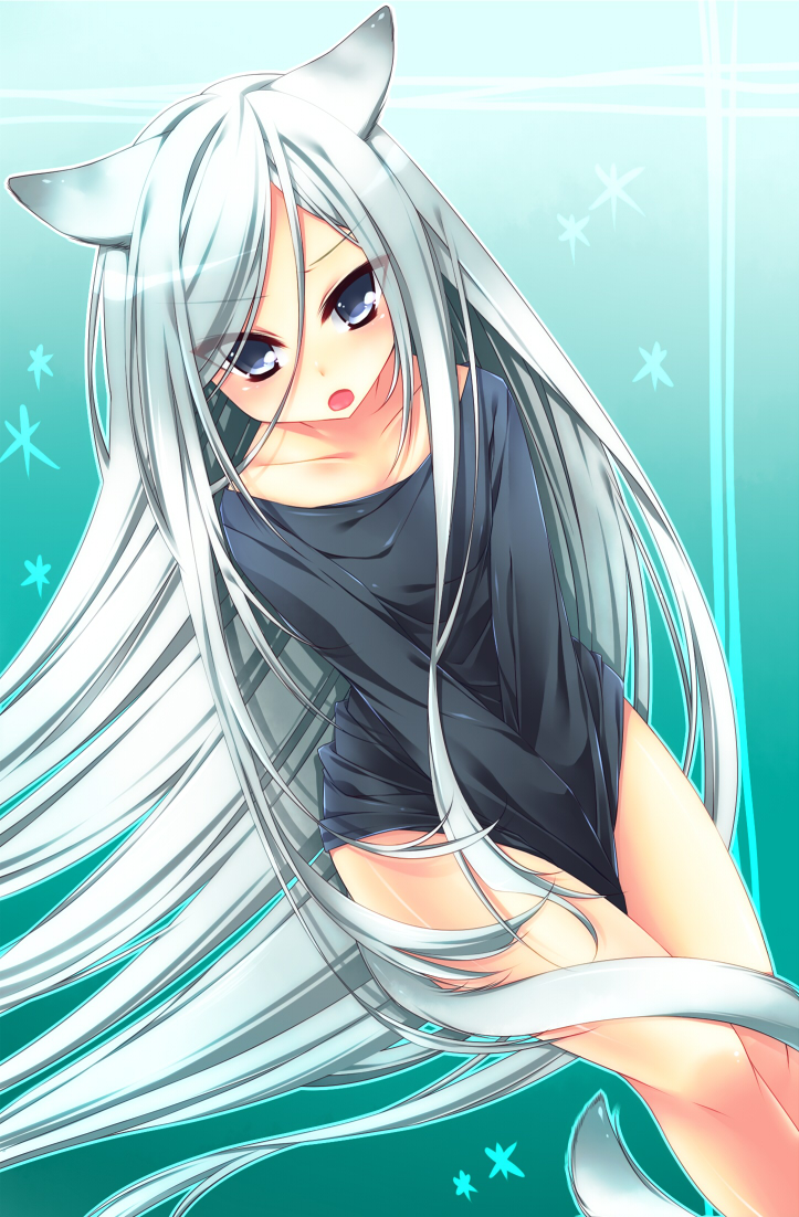 sagami rin, superbi squalo, katekyo hitman reborn!, silver hair, 1boy, animal ears, between thighs, bottomless, grey eyes, long hair, male focus, shirt tug, solo, tail, thighs, trap, v arms, very long hair