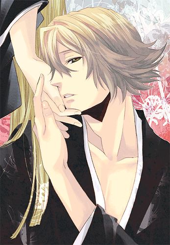 6999, hirako shinji, urahara kisuke, bleach, bleach: turn back the pendulum, bad id, bad pixiv id, lowres, 2boys, blonde hair, hand on another's face, male focus, multiple boys, yaoi, yellow eyes