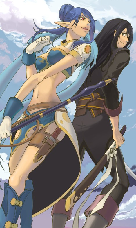 ma-1223, judith (tales), yuri lowell, tales of (series), tales of vesperia, blue footwear, bad id, bad pixiv id, 00s, 1boy, 1girl, black hair, blue background, blue hair, boots, breasts, elf, gloves, knee boots, knife, long hair, medium breasts, midriff, navel, pointy ears, smile, weapon