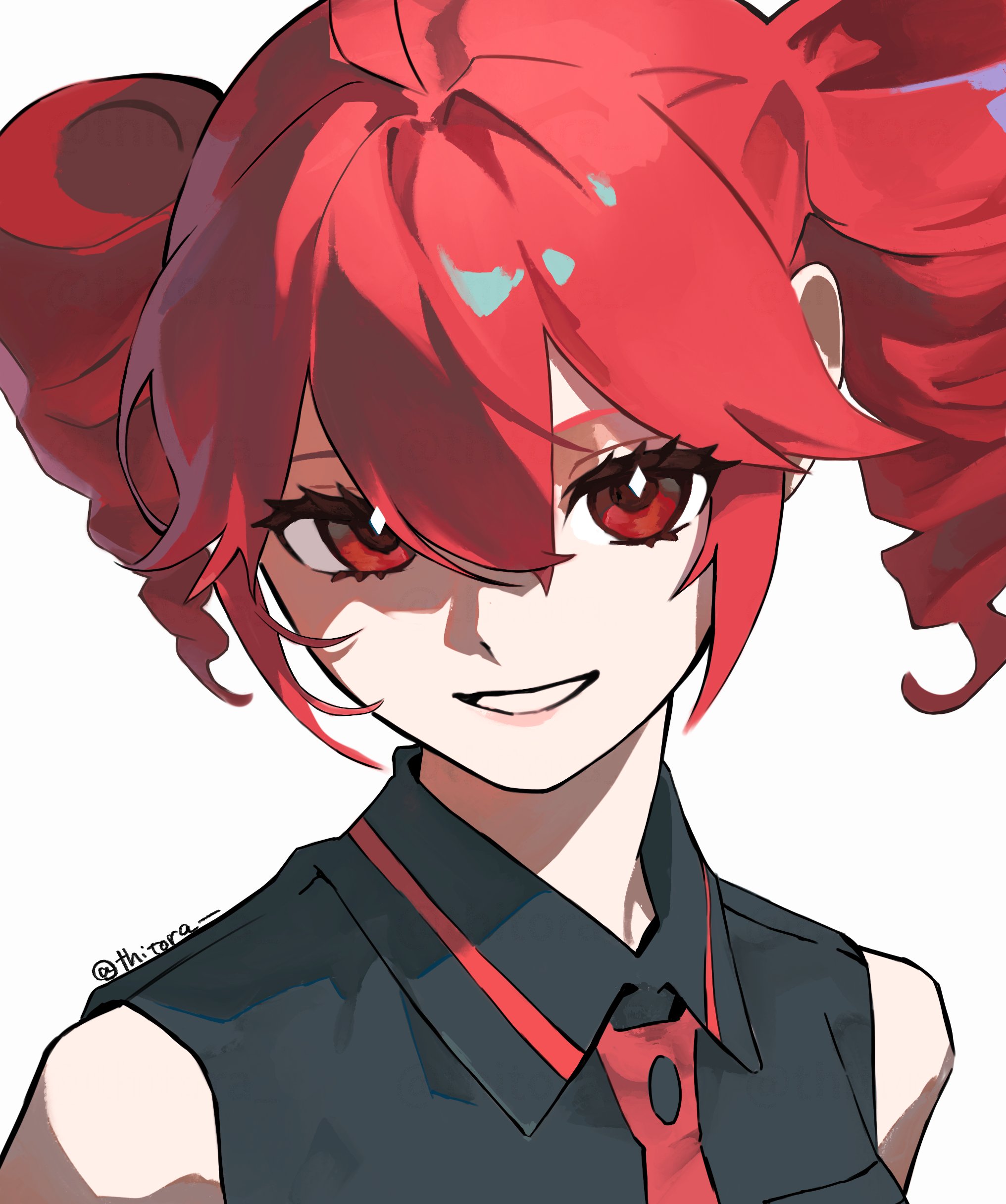 thitora, kasane teto, kasane teto (utau), utau, absurdres, hashtag-only commentary, highres, 1girl, bare shoulders, black shirt, collared shirt, drill hair, grin, hair between eyes, looking at viewer, necktie, portrait, red eyes, red hair, red necktie, shirt, short hair, sidelocks, simple background, sleeveless, sleeveless shirt, smile, solo, twin drills, twitter username, white background