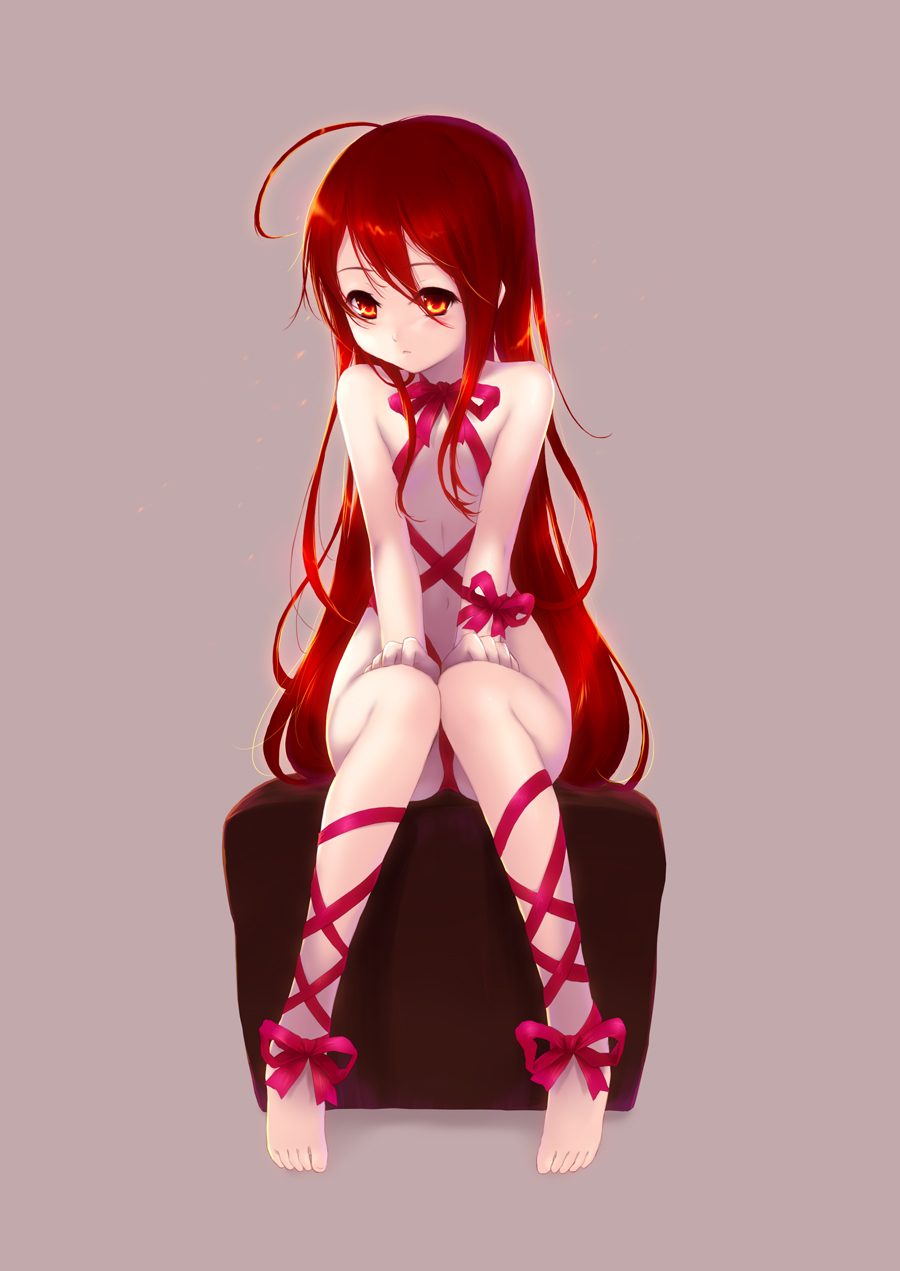 cait aron, shana, shakugan no shana, hands on thighs, highres, 1girl, ahoge, barefoot, blush, feet, female focus, flat chest, loli, long hair, naked ribbon, navel, nude, red eyes, red hair, ribbon, sitting, solo, v arms, very long hair