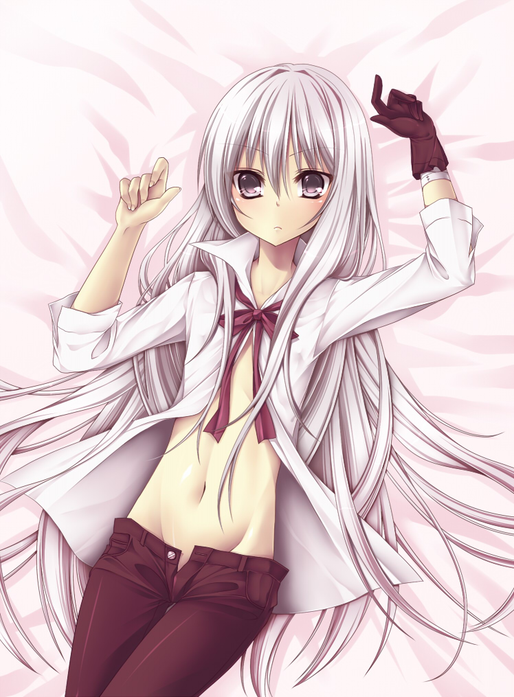 sagami rin, superbi squalo, katekyo hitman reborn!, silver hair, 1boy, denim, dress shirt, gloves, grey eyes, jeans, long hair, lying, male focus, on back, open clothes, open shirt, pants, shirt, single glove, solo, trap, unbuttoned