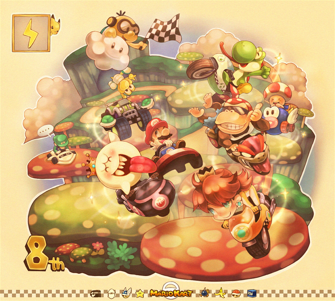 sui (petit comet), biker daisy, blooper (mario), bob-omb, boo (mario), bullet bill, donkey kong, funky kong, king boo, koopa, koopa troopa, lakitu, luigi, mario, pikachu, princess daisy, super star, super star (mario), toad (mario), yoshi, donkey kong (series), donkey kong country, mario (series), mario kart, mario kart wii, nintendo, pokemon, super mario land, vehicle, > <, …, 1girl, 2boys, banana, banana peel, biker clothes, bikesuit, blue shell (mario), bodysuit, checkered flag, cloud, company connection, copyright name, crossover, facial hair, flag, food, fruit, gen 1 pokemon, go-kart, green shell (mario), handstand, happy, kart, motor vehicle, motorcycle, multiple boys, mushroom, mustache, pokemon (creature), pow block, racing, racing suit, red shell (mario), shell, smile, tongue, tongue out, turtle shell, v, | |