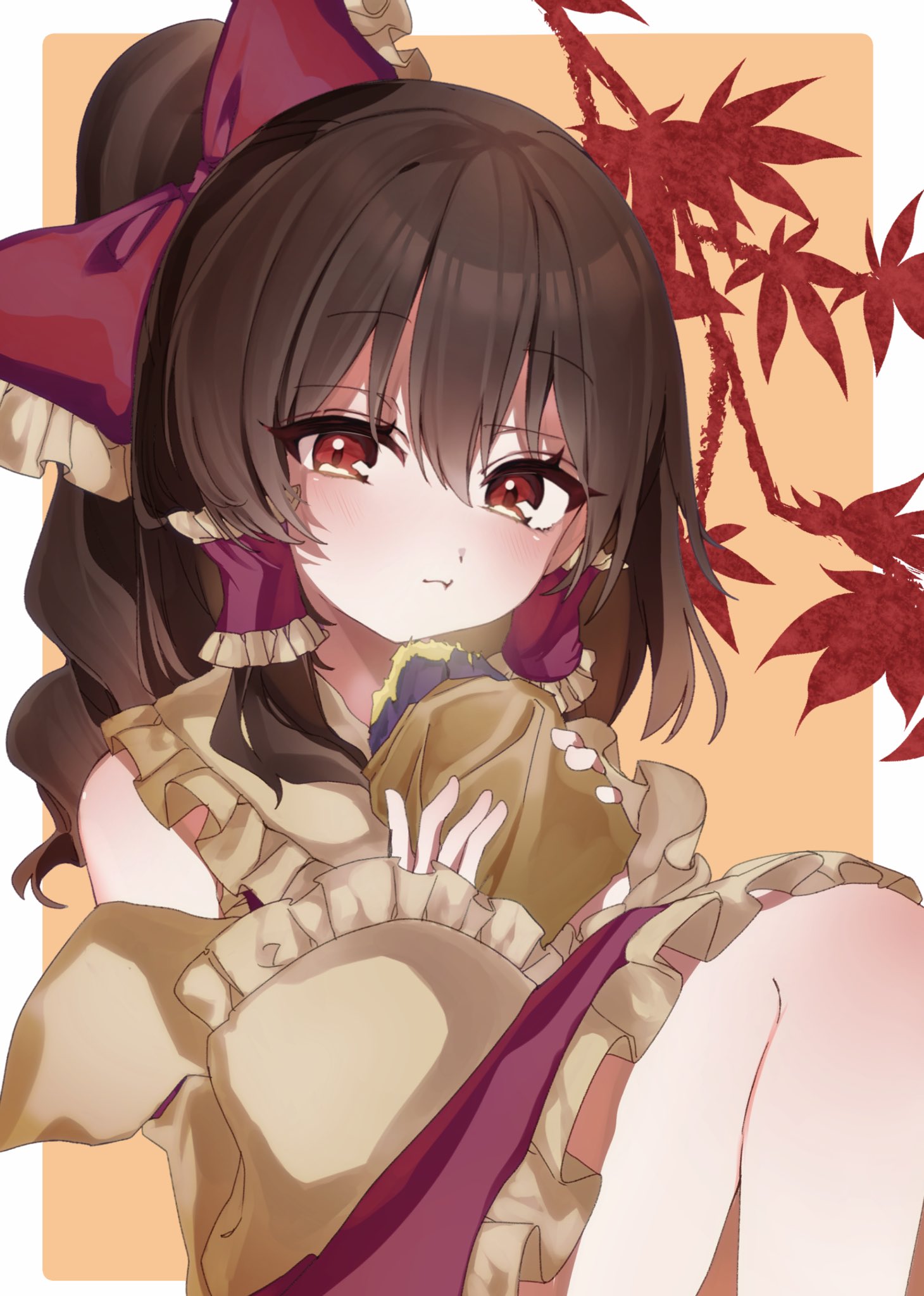 hayuk0, hakurei reimu, touhou, commentary request, highres, 1girl, blush, bow, brown hair, closed mouth, detached sleeves, food, frilled bow, frilled hair tubes, frilled skirt, frills, hair bow, hair tubes, holding, holding food, long hair, looking at viewer, red bow, red eyes, red skirt, roasted sweet potato, skirt, solo, sweet potato