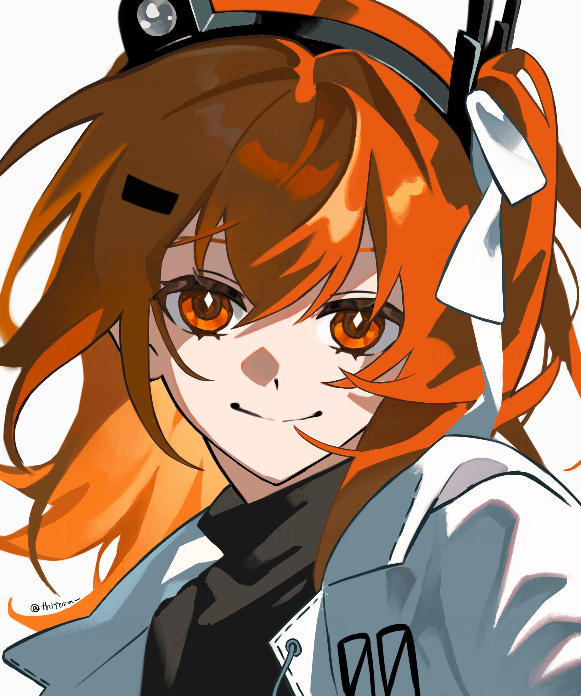 thitora, adachi rei, a.i. voice, absurdres, hashtag-only commentary, highres, 1girl, black shirt, closed mouth, hair ribbon, headlamp, jacket, looking at viewer, medium hair, one side up, open clothes, open jacket, orange eyes, orange hair, portrait, radio antenna, ribbon, shirt, simple background, smile, solo, twitter username, white background, white jacket, white ribbon