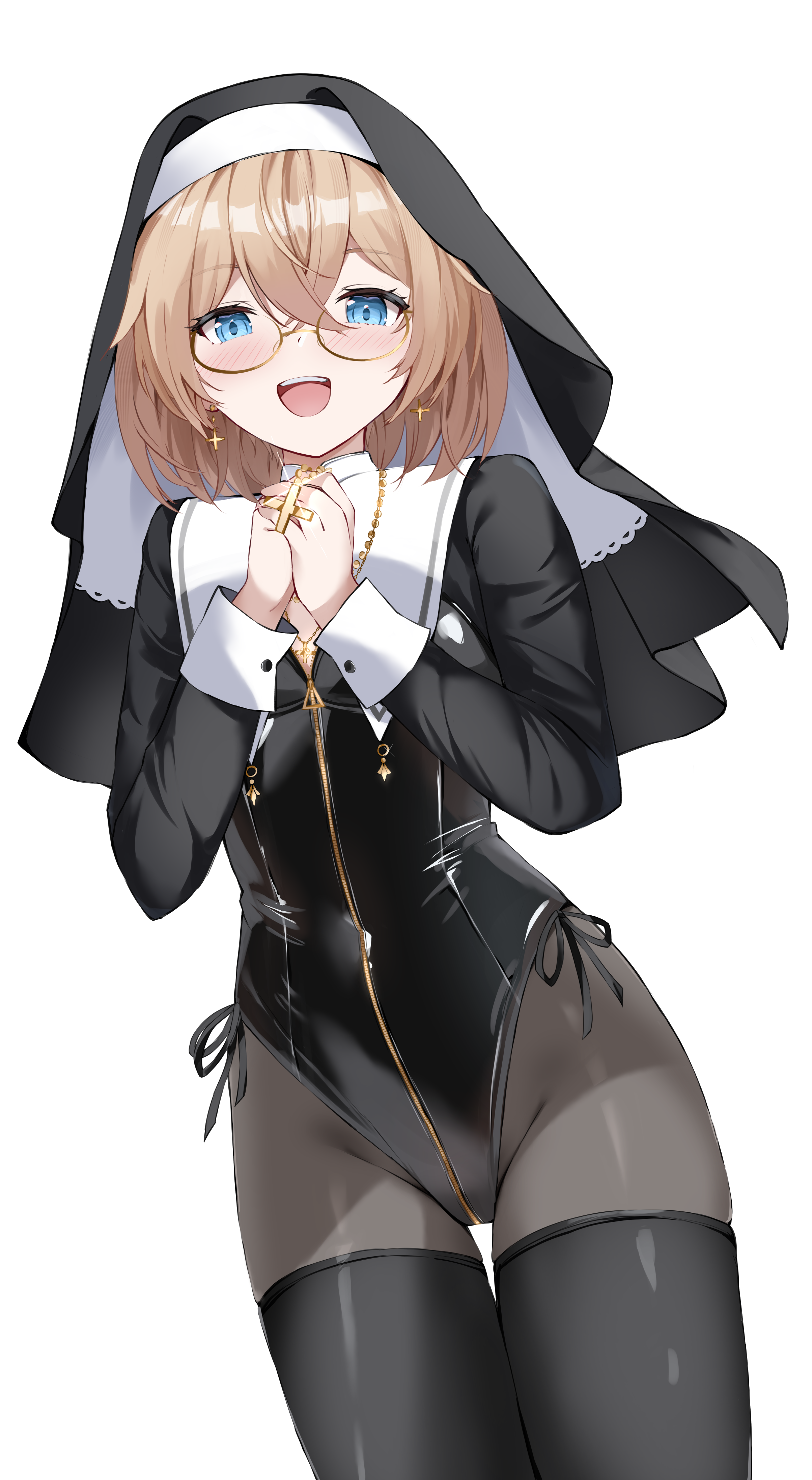 doromii, original, absurdres, commentary, english commentary, highres, 1girl, black pantyhose, black shrug, black thighhighs, black veil, blonde hair, blue eyes, coif, crossed bangs, glasses, guimpe, leotard, nun, nun headdress, pantyhose, short hair, shrug (clothing), side-tie leotard, smile, solo, thigh gap, thighhighs, veil