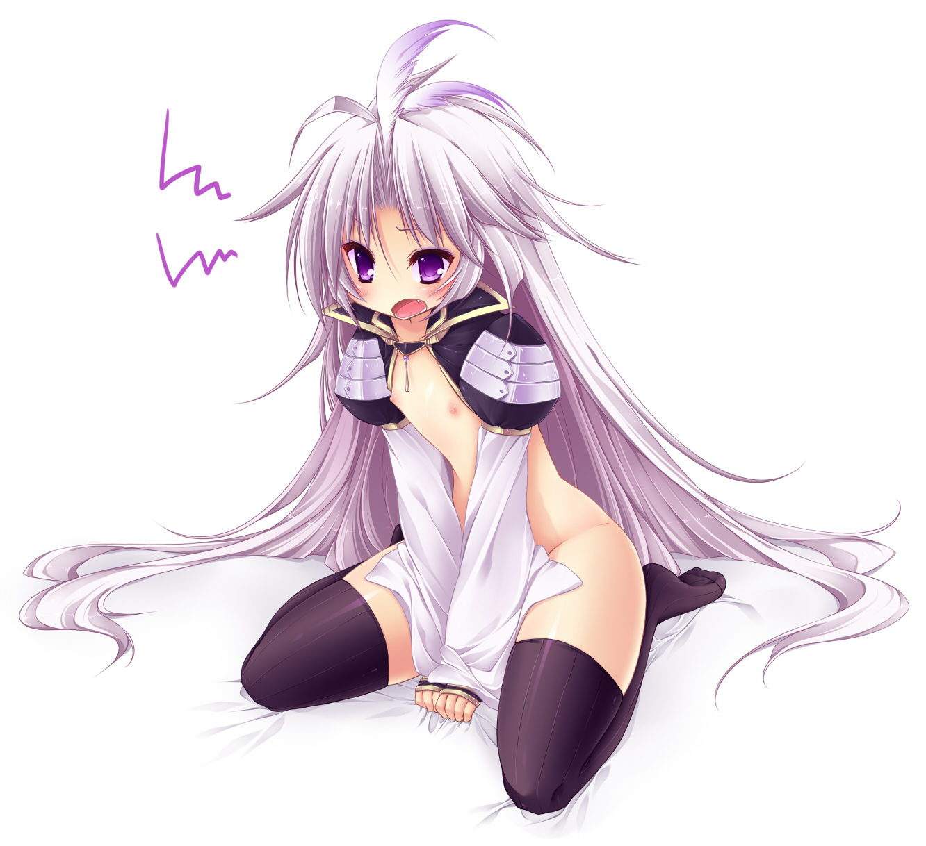 sagami rin, kuja, final fantasy, final fantasy ix, silver hair, highres, 00s, 1boy, ahoge, bed sheet, between thighs, blush, fang, flat chest, kneeling, long hair, male focus, nude, purple eyes, sheet grab, solo, thighhighs, thighs, trap, v arms, very long hair