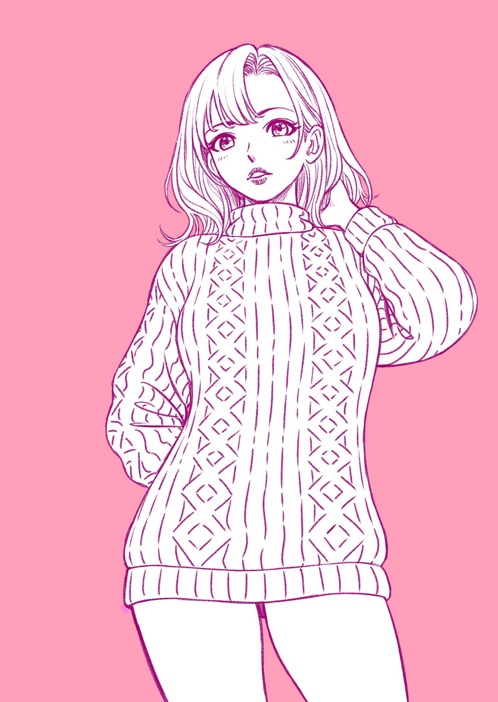 bakutow2, original, commentary request, highres, 1girl, arm behind back, cable knit, contrapposto, cowboy shot, dress, hand in own hair, lips, long sleeves, looking at viewer, medium hair, monochrome, parted lips, pink background, ribbed sweater, simple background, solo, sweater, sweater dress, turtleneck, turtleneck dress, turtleneck sweater