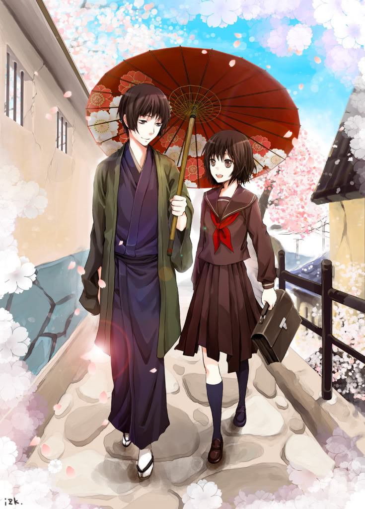 japan (hetalia), axis powers hetalia, gender request, tagme, 1boy, 1girl, bag, brown eyes, brown hair, dual persona, genderswap, happy, loafers, outdoors, petals, railing, road, school bag, school uniform, serafuku, shoes, short hair, smile, street, tabi, umbrella