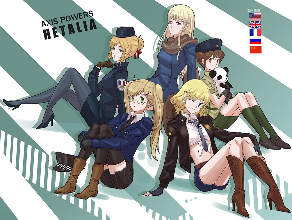 america (hetalia), china (hetalia), france (hetalia), russia (hetalia), united kingdom (hetalia), axis powers hetalia, black legwear, gender request, 5girls, blonde hair, blue eyes, brown eyes, brown hair, genderswap, green eyes, multiple girls, purple eyes, thighhighs, zettai ryouiki