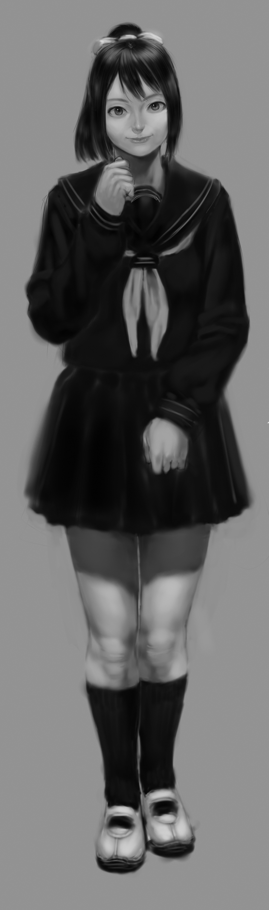 chyko, absurdres, bad id, bad pixiv id, highres, 1girl, female focus, grey background, grey theme, greyscale, monochrome, ponytail, school uniform, serafuku, short hair, smile, solo