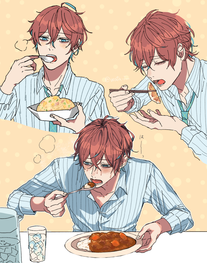 wata i, kannonzaka doppo, hypnosis mic, commentary request, 1boy, :o, aqua eyes, aqua necktie, aqua streaks, bags under eyes, blush, bowl, breath, chopsticks, closed eyes, collarbone, collared shirt, colored eyelashes, cropped shoulders, crossed bangs, cup, curry, curry rice, dotted background, dumpling, eating, fingernails, food, fried rice, hair between eyes, hand up, holding, holding bowl, holding chopsticks, holding plate, holding spoon, hunched over, ice, ice cube, jiaozi, long sleeves, looking at food, loose necktie, male focus, multicolored hair, multiple views, necktie, open mouth, orange background, outline, pale skin, partially unbuttoned, pinstripe pattern, pinstripe shirt, pitcher (container), plate, raised eyebrows, raised inner eyebrows, red hair, rice, shirt, short hair, slouching, spoon, streaked hair, sweat, twitter username, water, wavy hair, white outline, white shirt