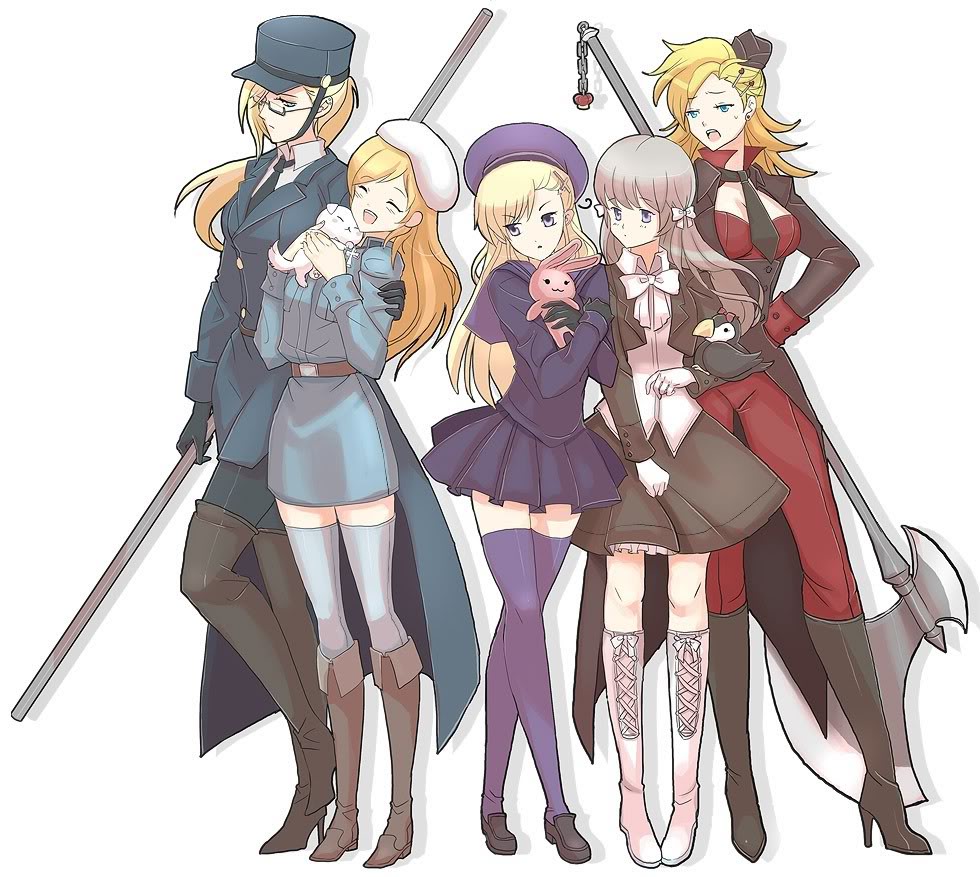 denmark (hetalia), finland (hetalia), iceland (hetalia), norway (hetalia), sweden (hetalia), axis powers hetalia, blue legwear, gender request, 5girls, blonde hair, blue eyes, boots, brown hair, closed eyes, genderswap, glasses, hand on own hip, hat, high heel boots, high heels, loafers, long hair, multiple girls, necktie, pigeon-toed, semi-rimless eyewear, shoes, simple background, smile, stuffed toy, thigh boots, thighhighs, under-rim eyewear, weapon, white background, zettai ryouiki