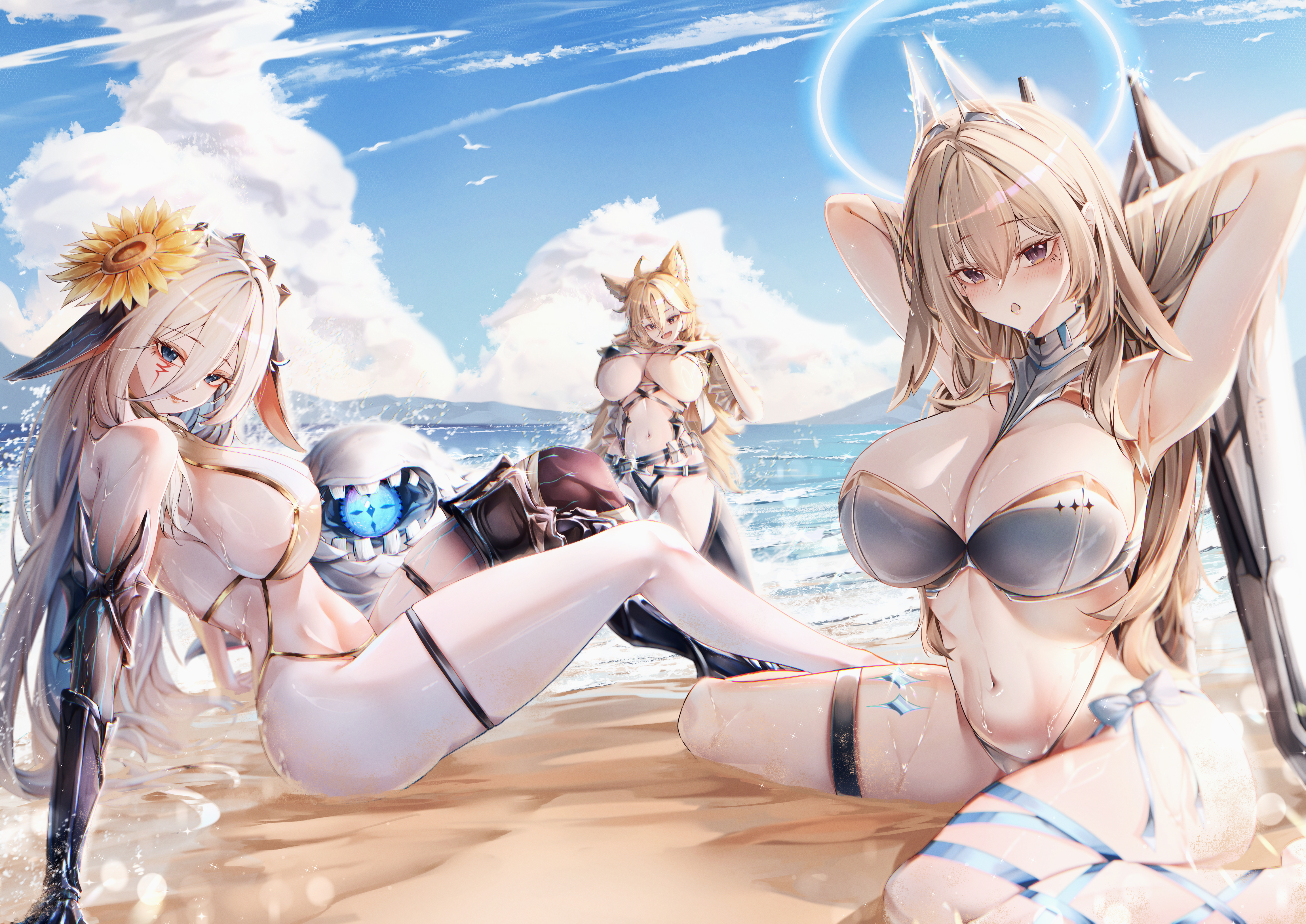 omaigoodgoodeat, sereniel (chaos zero nightmare), chaos zero nightmare, absurdres, highres, 3girls, animal ears, bare shoulders, beach, bikini, black bikini, blonde hair, blue eyes, blush, breasts, halo, hands up, horns, huge breasts, large breasts, long hair, looking at viewer, magna (chaos zero nightmare), mechanical horns, mole, mole under mouth, multiple girls, narja (chaos zero nightmare), navel, one eye closed, open mouth, pale skin, sand, sideboob, sky, swimsuit, thigh strap, thighs, underboob, water, white bikini, white hair