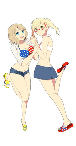 america (hetalia), united kingdom (hetalia), axis powers hetalia, gender request, lowres, 2girls, aqua eyes, blonde hair, genderswap, green eyes, multiple girls