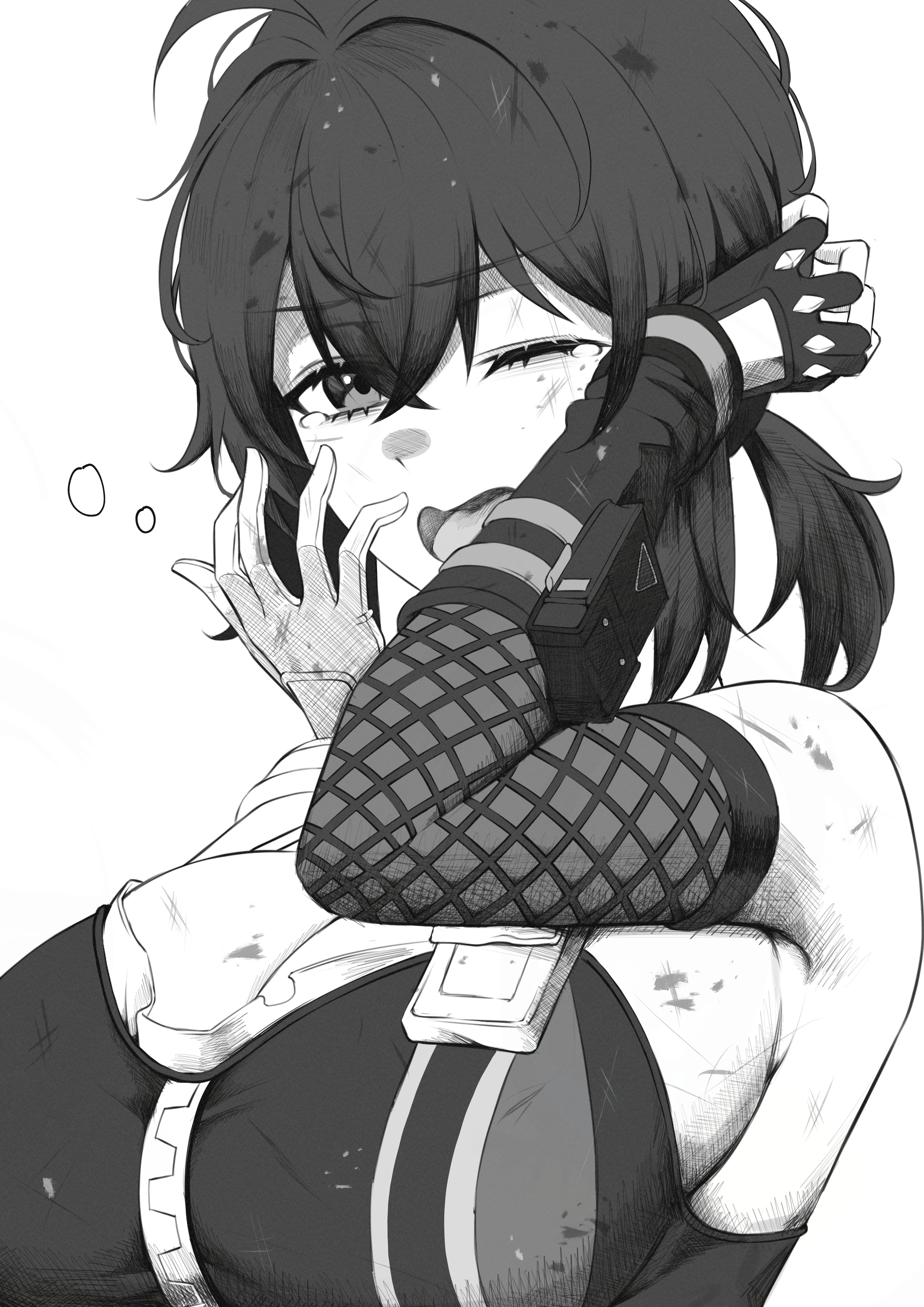 joji nyudo, grace howard, zenless zone zero, absurdres, commentary request, highres, 1girl, asymmetrical gloves, bags under eyes, breasts, dirty, fingerless gloves, gloves, goggles, goggles on head, greyscale, large breasts, mismatched gloves, monochrome, one eye closed, simple background, solo, squeans, tearing up, upper body, white background, yawning, zipper top