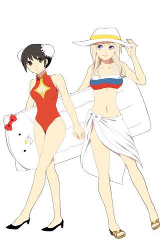 china (hetalia), russia (hetalia), shinatty-chan, axis powers hetalia, black footwear, white headwear, lowres, 2girls, bikini, bikini top only, black hair, blonde hair, bow, breasts, brown eyes, bun cover, cleavage, cleavage cutout, clothing cutout, crossed legs, double bun, female focus, flag print bikini, full body, genderswap, genderswap (mtf), hair bun, hat, high heels, holding, holding unworn clothes, holding unworn hat, long hair, looking at viewer, multiple girls, navel, objectification, one-piece swimsuit, purple eyes, red bow, red one-piece swimsuit, russian flag, russian flag bikini, sarong, smile, solid circle eyes, standing, sun hat, surfboard, swimsuit, unworn hat, unworn headwear, white bow