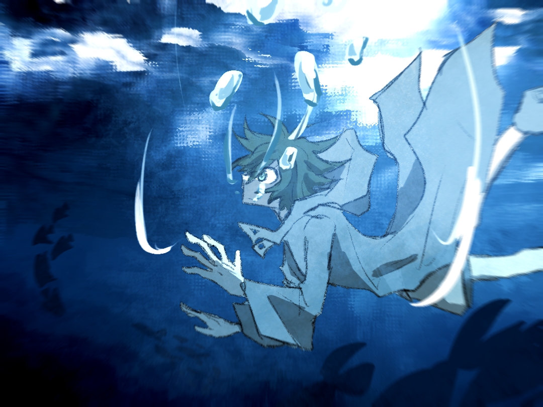 shi tong, shitodo aoji, len'en, chinese commentary, commentary request, 1other, air bubble, androgynous, bare legs, blue boots, blue jacket, boots, bubble, buttons, caustics, coattails, detached hood, expressionless, falling, floating clothes, floating hair, foot out of frame, from side, green hair, grey shoes, hood, hood down, hooded jacket, jacket, long sleeves, motion lines, open clothes, open jacket, other focus, school of fish, shoes, short hair, solo, tailcoat, underwater, wide sleeves