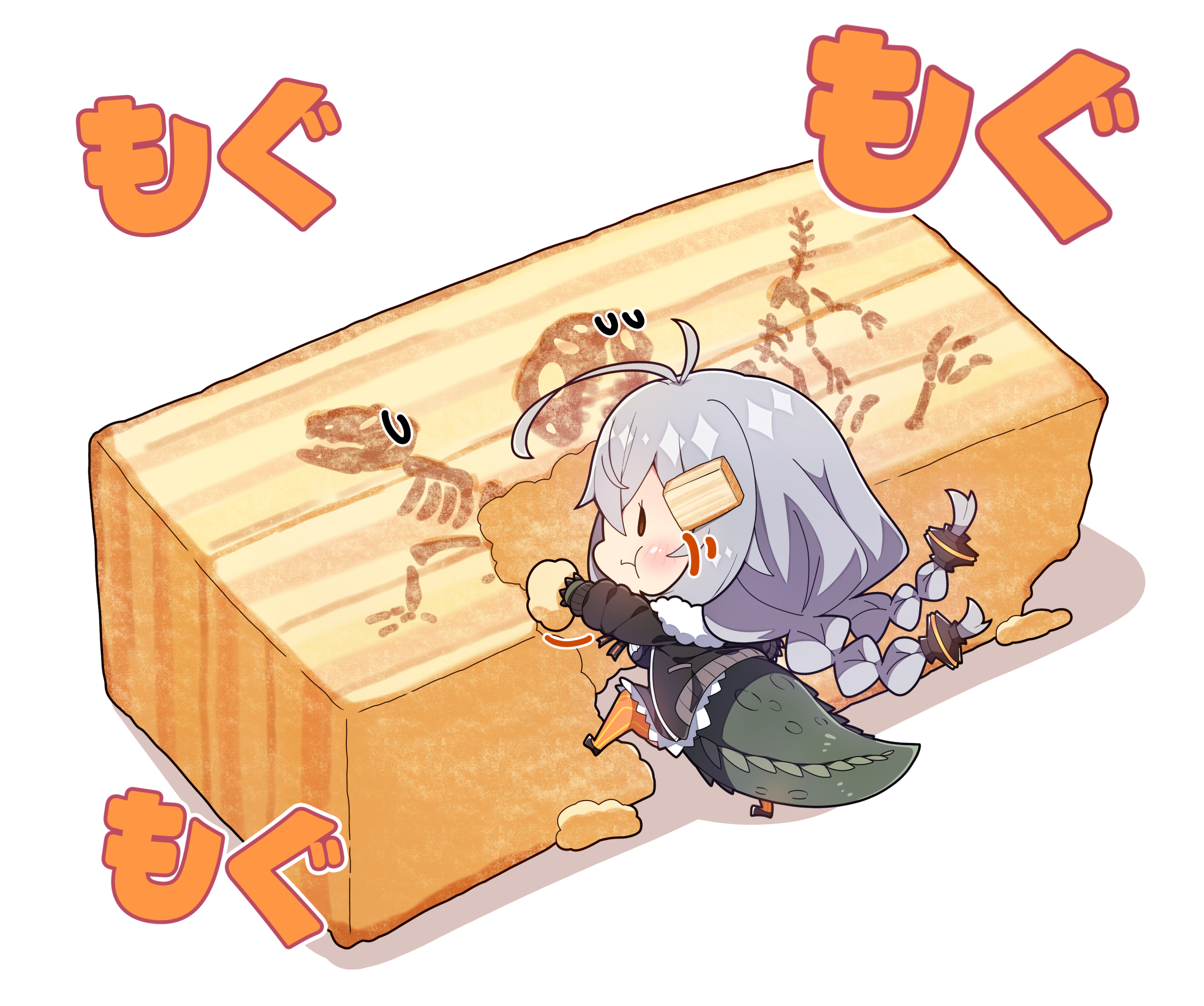 milkpanda, kizuna akari, vocaloid, voiceroid, commentary request, food request, highres, 1girl, :t, antenna hair, black dress, black gloves, black jacket, black shoes, blush, braid, chibi, chibi only, closed mouth, dress, eating, frilled dress, frills, full body, gloves, grey hair, jacket, long hair, long sleeves, mg mg, mini person, minigirl, orange pantyhose, pantyhose, shoes, simple background, solo, standing, striped clothes, striped pantyhose, tail, twin braids, white background, | |