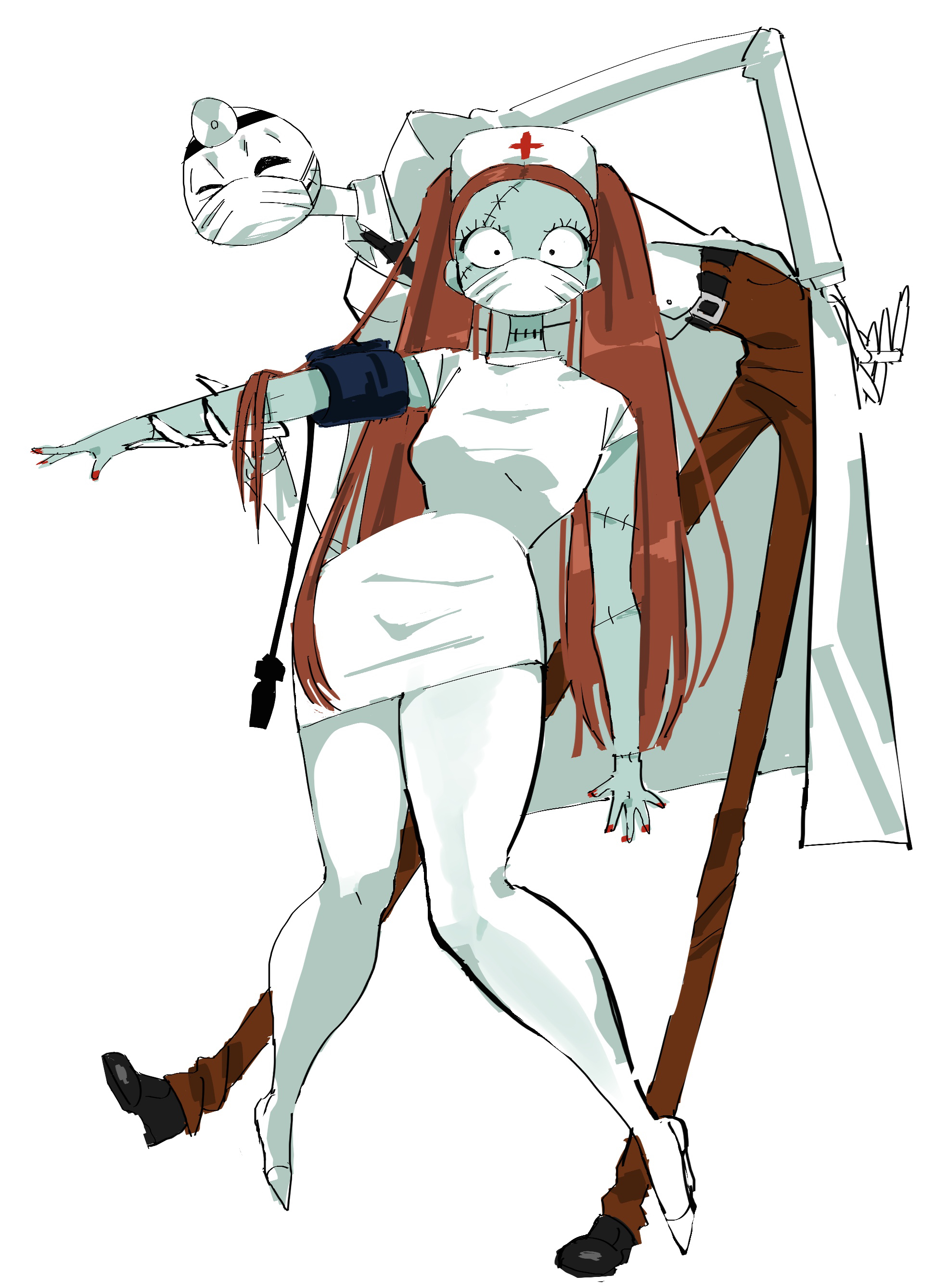 ushimooshi, jack skellington, sally (nbc), the nightmare before christmas, absurdres, highres, 1boy, 1girl, alternate costume, colored skin, dress, hat, long hair, long sleeves, nurse, nurse cap, patchwork skin, red hair, skeleton, smile, stitched face, stitches