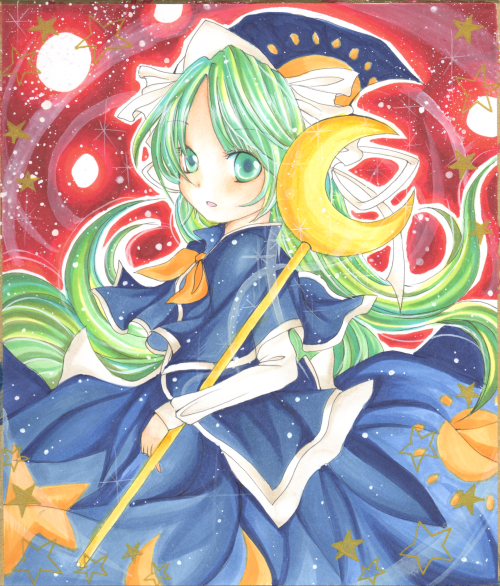 mizame, mima (touhou), mystic square, touhou, touhou (pc-98), marker (medium), traditional media, 1girl, capelet, crescent, crescent moon, female focus, green eyes, green hair, hat, hat ribbon, long hair, matching hair/eyes, moon, ribbon, shikishi, solo, staff, star (symbol), wizard hat