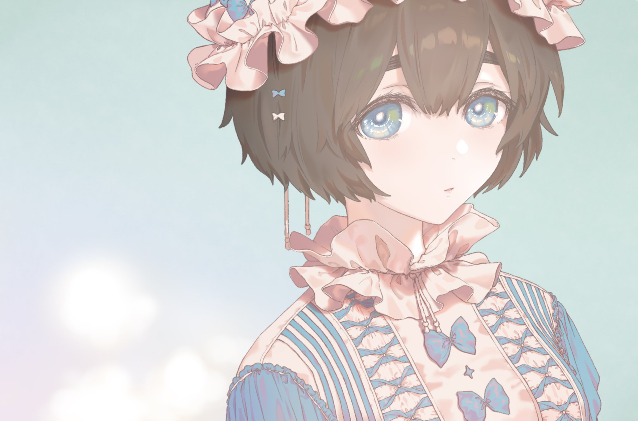 marsirome, shiina mayuri, science adventure, steins;gate, highres, tagme, 1girl, alternate costume, blue background, blue eyes, bob cut, dress, formal clothes, frilled hat, frills, hair between eyes, hat, looking at viewer, open mouth, short hair, simple background, solo, steins;gate re:boot, upper body