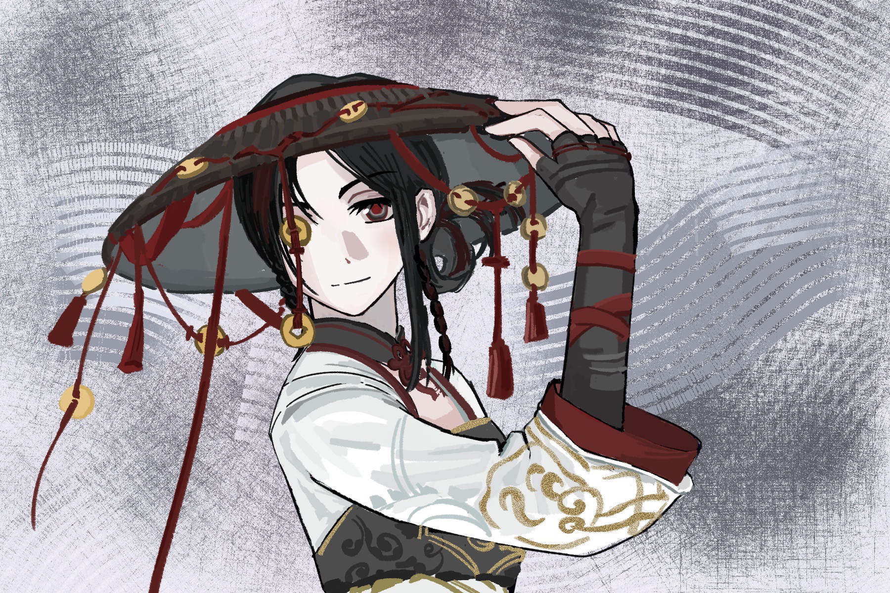 yonghu zhai xiaocao, infinity nikki, nikki (series), chinese commentary, commentary request, highres, 1girl, alternate headwear, arm ribbon, asymmetrical hair, black collar, black gloves, black hair, black vest, braid, brown eyes, brown hat, chinese clothes, closed mouth, coin, collar, detached collar, dot nose, eyelashes, fingerless gloves, gloves, gold coin, grey background, hair rings, hand on headwear, hanfu, happy, hat, hat tassel, holed coin, light blush, long hair, long sleeves, looking at viewer, mandarin collar, one eye covered, print sleeves, red pupils, red ribbon, ribbon, side braids, smile, solo, square neckline, straw hat, summer stroll (infinity nikki), twin braids, upper body, vest, white hanfu