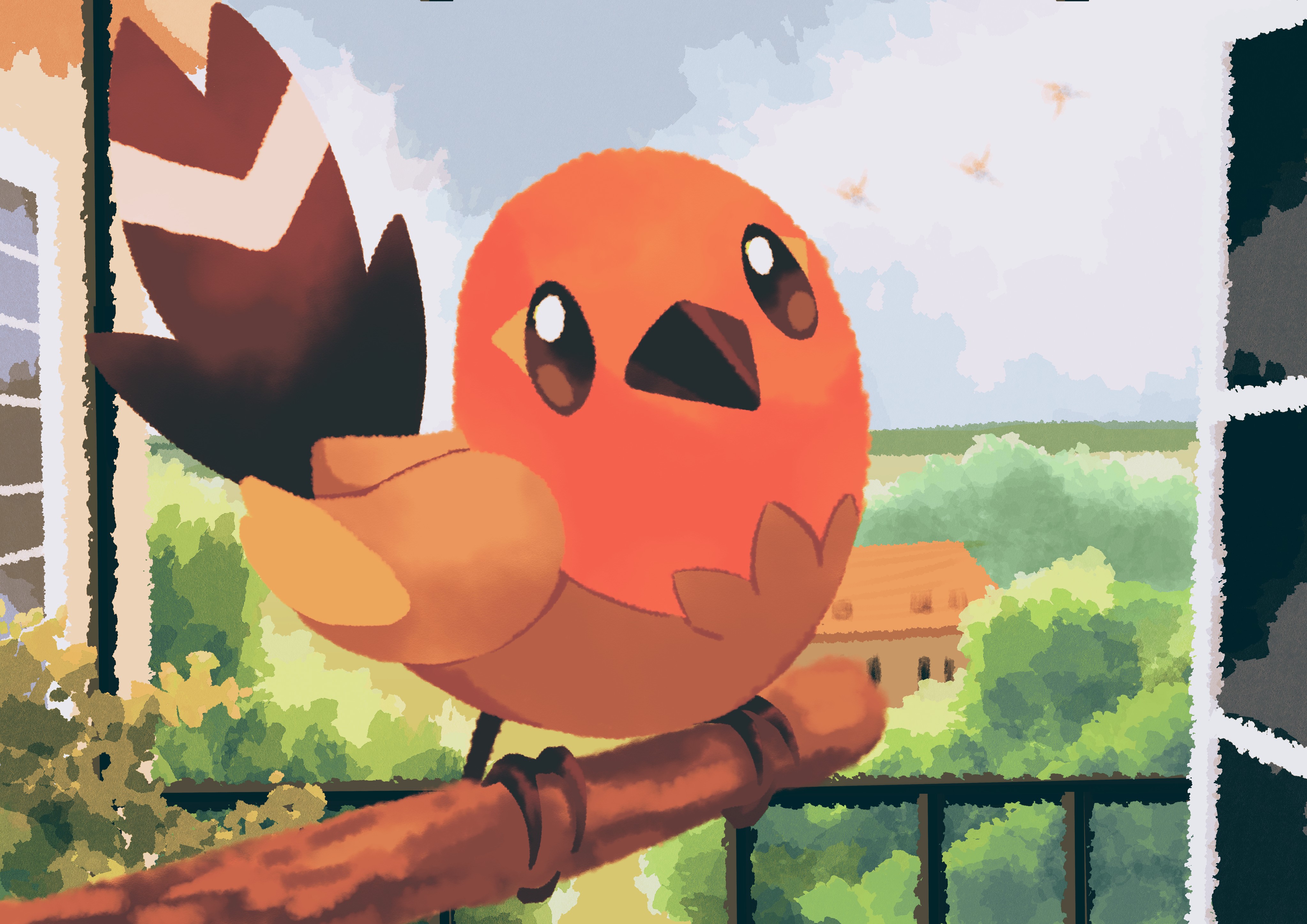 omega takai, fletchling, nintendo, pokemon, absurdres, commentary request, highres, animal focus, bird, black eyes, bright pupils, full body, gen 6 pokemon, no humans, outdoors, pokemon (creature), railing, solo, white pupils