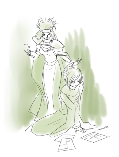 mikmikako, queen zeal, schala zeal, chrono (series), chrono trigger, 1990s (style), 2girls, age difference, bracelet, cape, closed eyes, dress, female focus, jewelry, long hair, monochrome, mother and daughter, multiple girls, shoulder pads, sitting, sketch, tiara