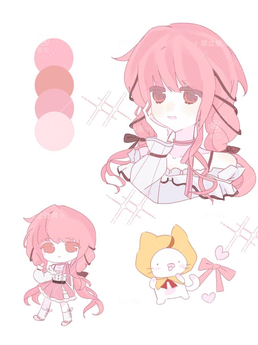 agnes digital (full-color fangirling) (umamusume), agnes digital (umamusume), momo (nikki), nikki (nikki), perfect start (infinity nikki), infinity nikki, nikki (series), chinese commentary, commentary request, highres, 1girl, ahoge, animal, bare shoulders, belt, black belt, black bow, black ribbon, bow, bow choker, bowtie, bra strap, brown eyes, buttons, cat, center frills, chibi, choker, cloak, clothed animal, collarbone, cropped torso, cross-laced clothes, cross-laced legwear, dot nose, ear covers, eyelashes, frilled shirt, frilled skirt, frills, hair bow, hair ribbon, hand on own cheek, hand on own face, happy, heart, hood, hood up, hooded cloak, kneehighs, layered skirt, light blush, long hair, long sidelocks, long sleeves, looking ahead, low twintails, miniskirt, multiple views, off-shoulder shirt, off shoulder, open mouth, pink bow, pink bowtie, pink choker, pink hair, pink shoes, pink skirt, pleated skirt, puffy long sleeves, puffy sleeves, red bow, red bowtie, ribbon, ribbon legwear, sample watermark, san 900, see-through clothes, see-through sleeves, shirt, shoes, sidelocks, simple background, single stripe, skirt, smile, socks, solid circle eyes, sparkle, striped bow, striped bowtie, striped choker, striped clothes, tress ribbon, twintails, very long hair, watermark, whiskers, white background, white cat, white shirt, white skirt, white socks, yellow cloak