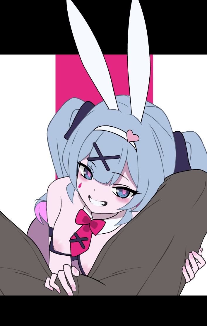 mew games, hatsune miku, rabbit hole (vocaloid), vocaloid, commentary, english commentary, 1boy, 1girl, animal ears, blue eyes, blue hair, breasts, brown pants, crotch grab, detached collar, facial mark, fake animal ears, grin, hair ornament, hetero, large breasts, leotard, long hair, looking at viewer, necktie, nipples, pants, pantyhose, pink nails, pink necktie, pink pupils, playboy bunny, pov, purple pantyhose, rabbit ears, smile, spread legs, teardrop facial mark, teeth, twintails