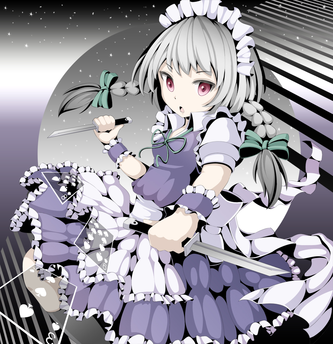 hebitsukai, izayoi sakuya, embodiment of scarlet devil, touhou, bad id, bad pixiv id, 1girl, apron, braid, card, female focus, floating card, frills, gradient hair, grey hair, hair ribbon, knife, maid, maid apron, multicolored hair, playing card, red eyes, ribbon, solo, star (symbol), throwing knife, twin braids, weapon, wrist cuffs, wristband