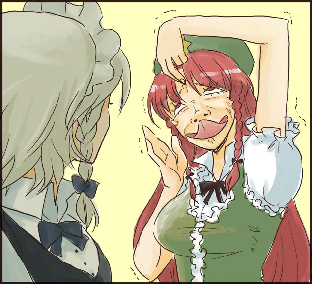 eeyasu, hong meiling, izayoi sakuya, embodiment of scarlet devil, touhou, silver hair, 2girls, braid, breasts, china dress, chinese clothes, dress, female focus, hat, long hair, maid, making faces, multiple girls, red eyes, red hair, simple background, tongue, twin braids, upper body, what