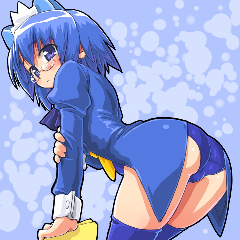 dd (ijigendd), 2k-tan, os-tan, bad id, bad pixiv id, 1girl, ass, blue background, blue eyes, blue hair, blue thighhighs, blush, glasses, hand on own elbow, looking back, round eyewear, short hair, thighhighs, thighs