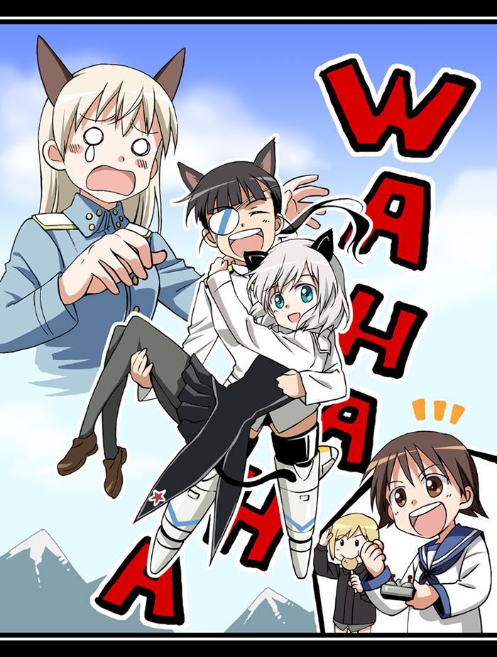 agahari, eila ilmatar juutilainen, erica hartmann, miyafuji yoshika, sakamoto mio, sanya v. litvyak, strike witches, world witches series, uniform, 5girls, animal ears, black pantyhose, candy, carrying, cat ears, cat tail, closed eyes, controller, dog ears, food, fox ears, laughing, lollipop, mountain, multiple girls, pantyhose, princess carry, remote control, striker unit, tail, tears