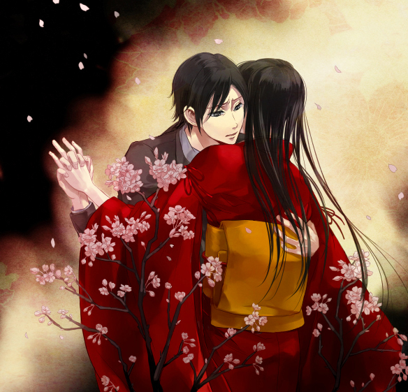koko (oyasuminasai), haibara sakuya, haibara you, fatal frame, fatal frame: mask of the lunar eclipse, 1boy, 1girl, back, black eyes, black hair, brother and sister, cherry blossoms, hetero, holding hands, hug, japanese clothes, kimono, long hair, short hair, siblings