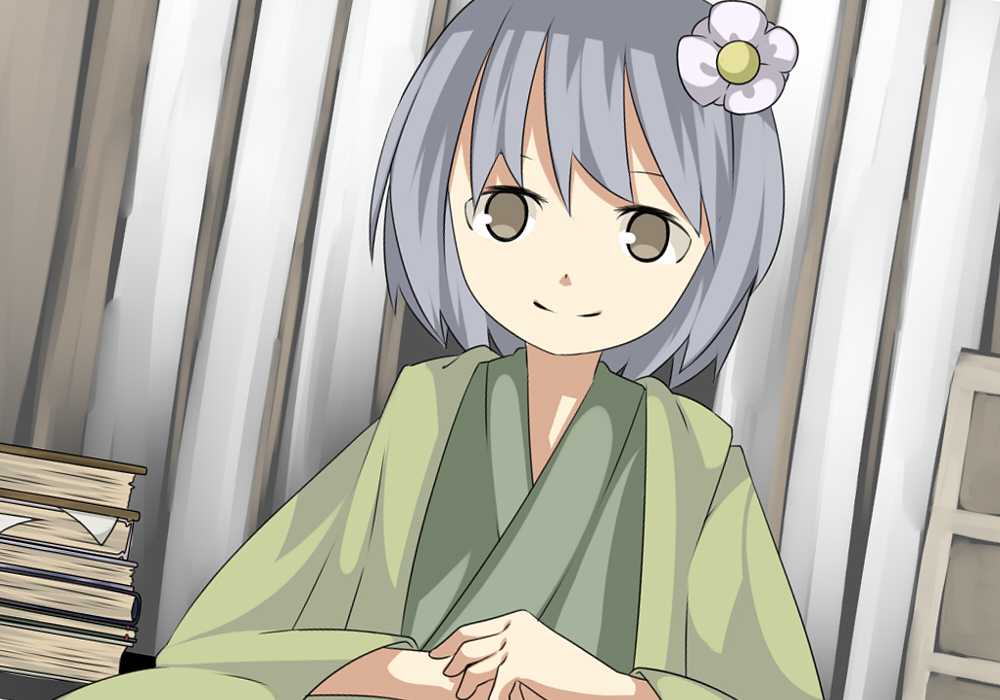 asumaro, hieda no akyuu, touhou, bad id, bad pixiv id, 1girl, female focus, flower, hair flower, hair ornament, indoors, japanese clothes, sitting, smile, solo, upper body