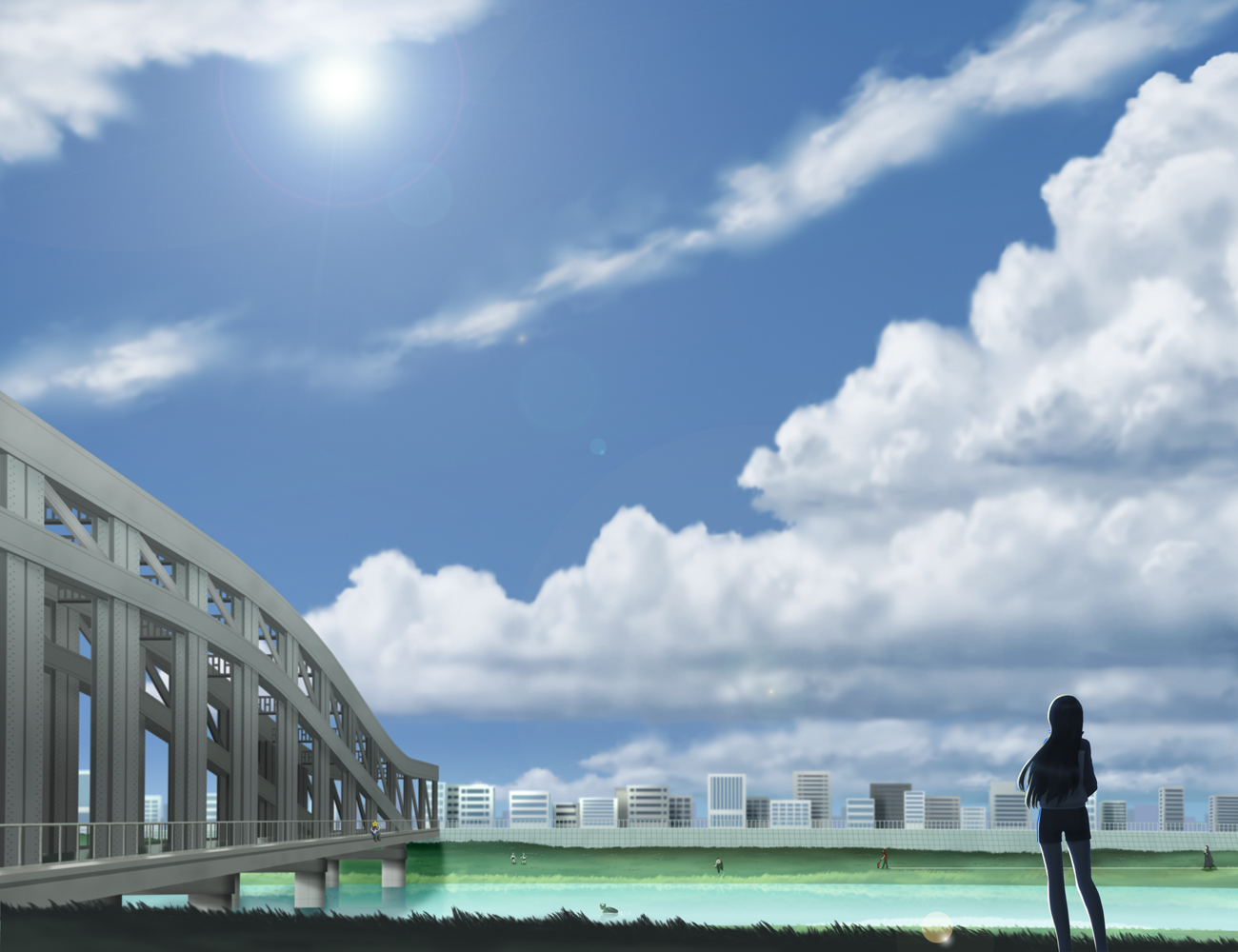 siraha, hoshi (arakawa), ichinomiya kou, iron brothers (arakawa), kappa (arakawa), nino (arakawa), shiro (arakawa), sister (arakawa), arakawa under the bridge, 1girl, 6+boys, backlighting, bridge, cloud, day, lens flare, multiple boys, river, scenery, sky, skyline, sun