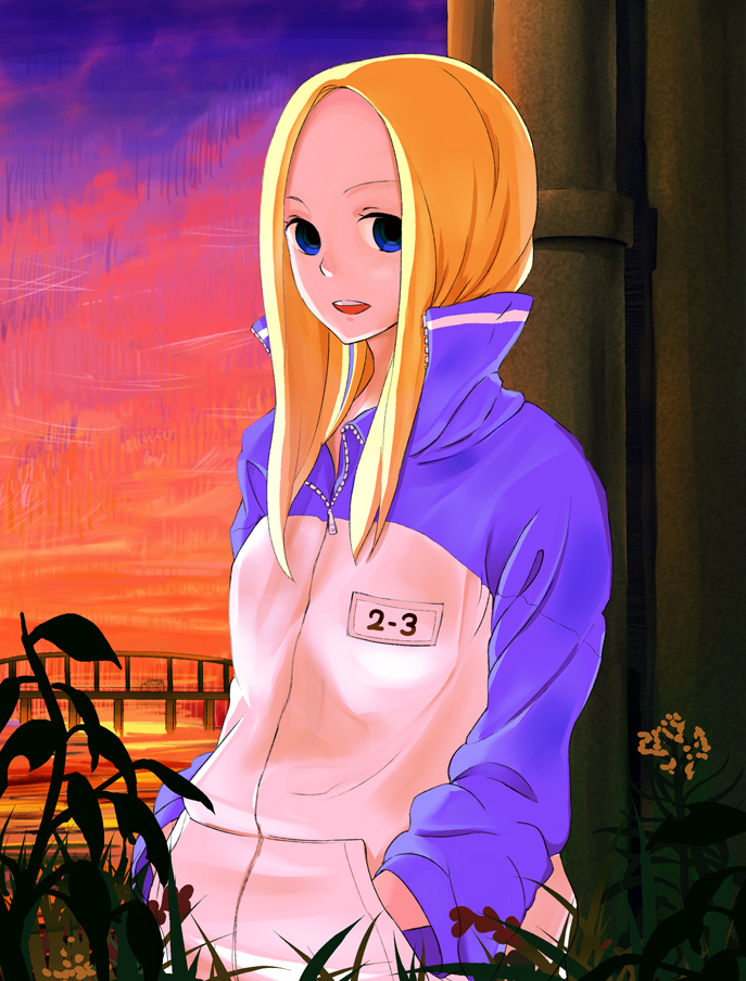 kazufumi (kaz-newt), nino (arakawa), arakawa under the bridge, blonde hair, blue eyes, hand in pocket, jacket, long hair, shorts, solo, sunset, track jacket