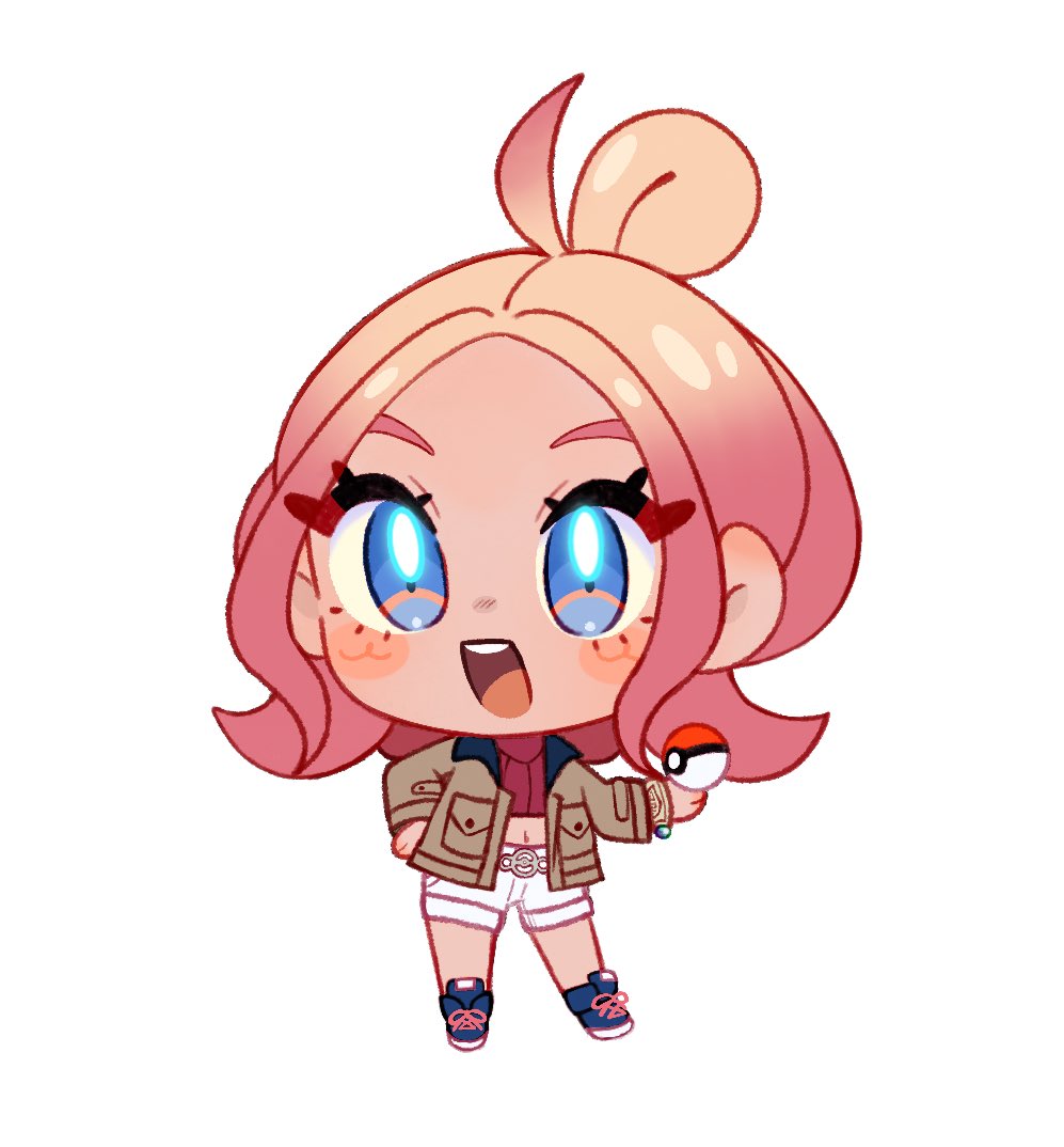 primal lazuli, taunie (pokemon), nintendo, pokemon, pokemon legends: z-a, commentary, commentary request, english commentary, 1girl, blonde hair, blue shoes, blush stickers, bracelet, brown jacket, chibi, chibi only, crop top, eyelashes, full body, hand on own hip, holding, holding poke ball, jacket, jewelry, long sleeves, looking at viewer, midriff, multicolored hair, navel, open clothes, open jacket, pink hair, poke ball, poke ball (basic), shoes, short hair, shorts, solo, standing, teeth, two-tone hair, upper teeth only, white background, white shorts