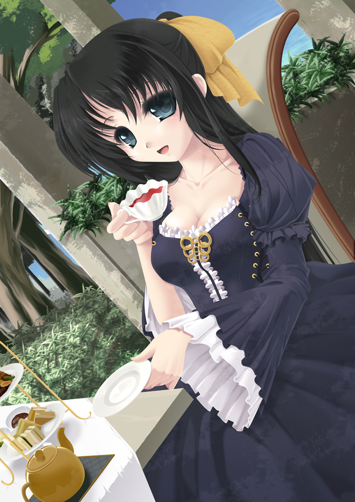 frapowa, original, 1girl, aqua eyes, black hair, breasts, cleavage, cup, dress, dutch angle, female focus, food, hair ribbon, large breasts, long hair, ribbon, sandwich, saucer, solo, tea, teacup, teapot, tiered tray, tree