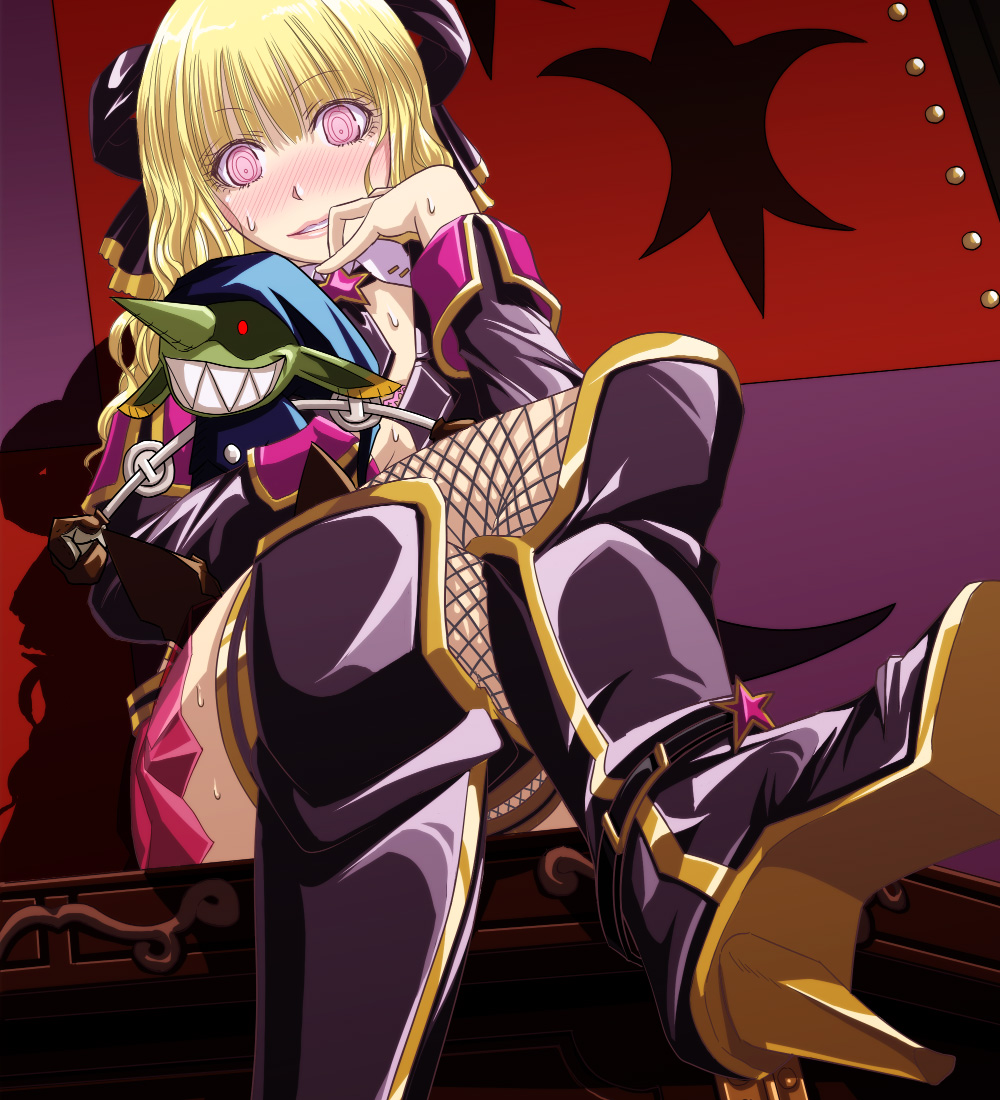mr.romance, fantasy earth zero, 1girl, blonde hair, blush, boots, crossed legs, doll, female focus, fishnets, hair ribbon, high heels, pink eyes, ribbon, shoes, sitting, solo, sweat