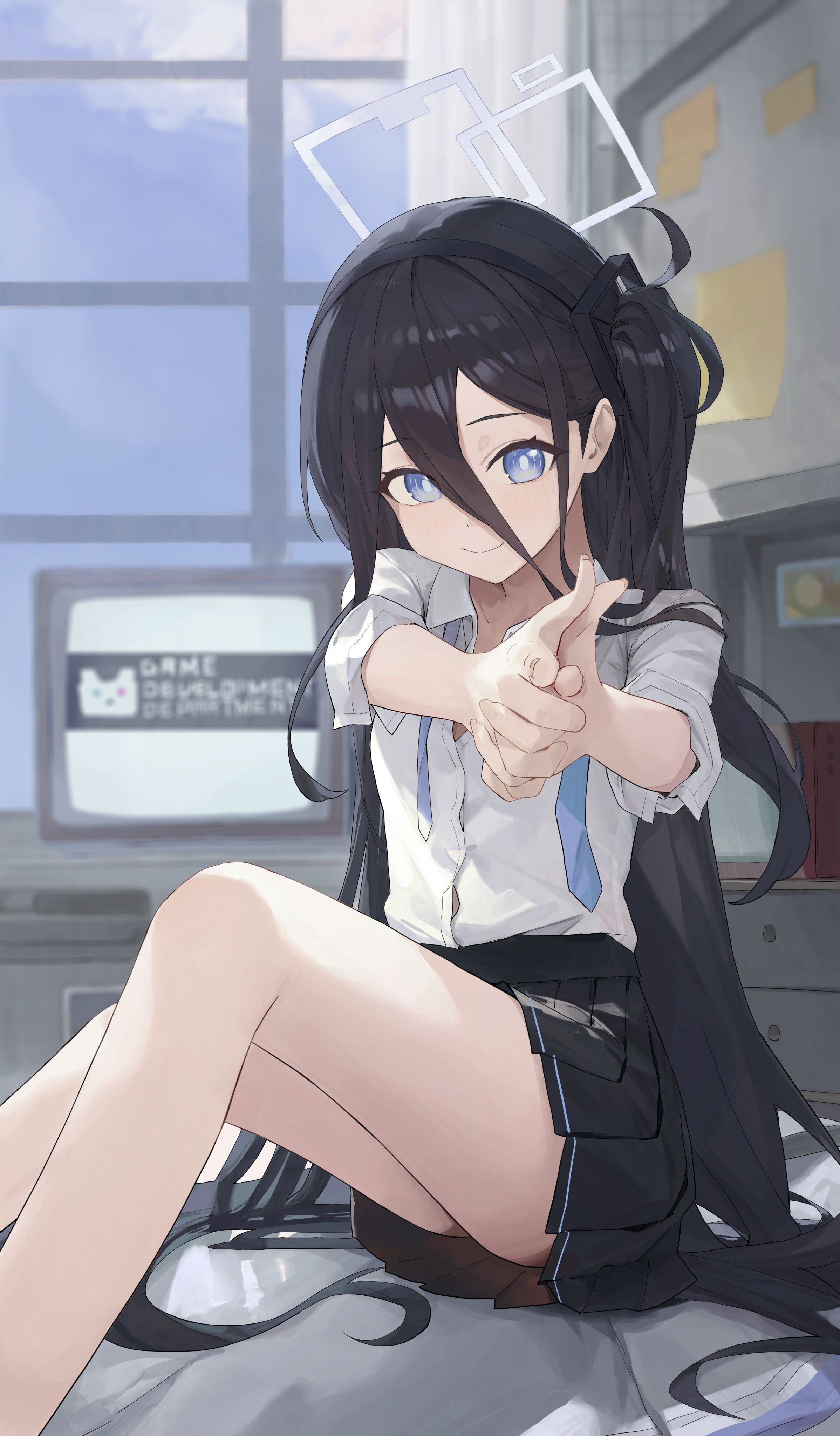 m1o 0112, aris (blue archive), blue archive, absurdres, hashtag-only commentary, highres, 1girl, black hair, black hairband, black skirt, blue eyes, blue necktie, closed mouth, collared shirt, double finger gun, finger gun, game development department (blue archive), grey halo, hair between eyes, hairband, halo, indoors, knees up, long hair, long hair between eyes, looking at viewer, necktie, one side up, own hands together, partially unbuttoned, pleated skirt, rectangular halo, ringed eyes, shirt, short sleeves, sitting, skirt, smile, solo, undone necktie, very long hair, white shirt