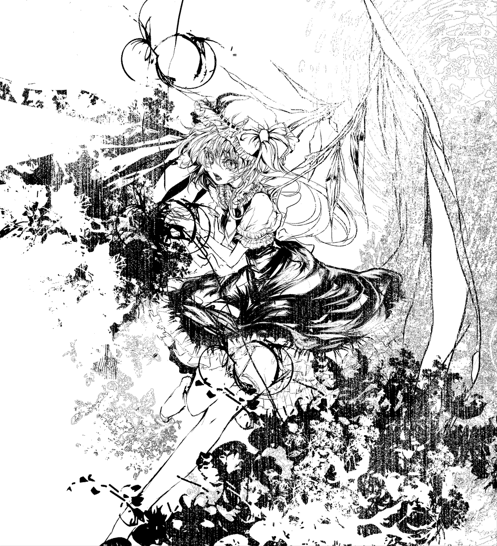 cis (carcharias), flandre scarlet, touhou, 1girl, crystal, demon wings, female focus, full body, greyscale, hat, long hair, mob cap, monochrome, simple background, solo, spikes, vampire, very long hair, white background, wings